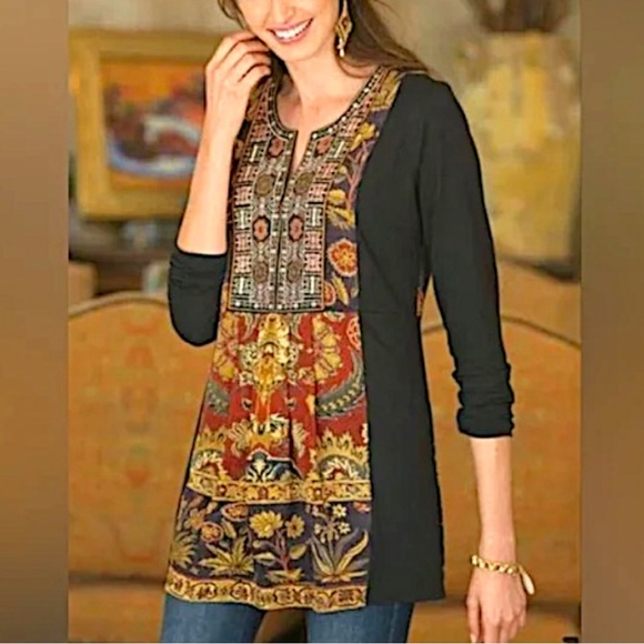 Soft Surroundings Tops - Soft Surroundings Black Tunic with Multicolor Printed Panel